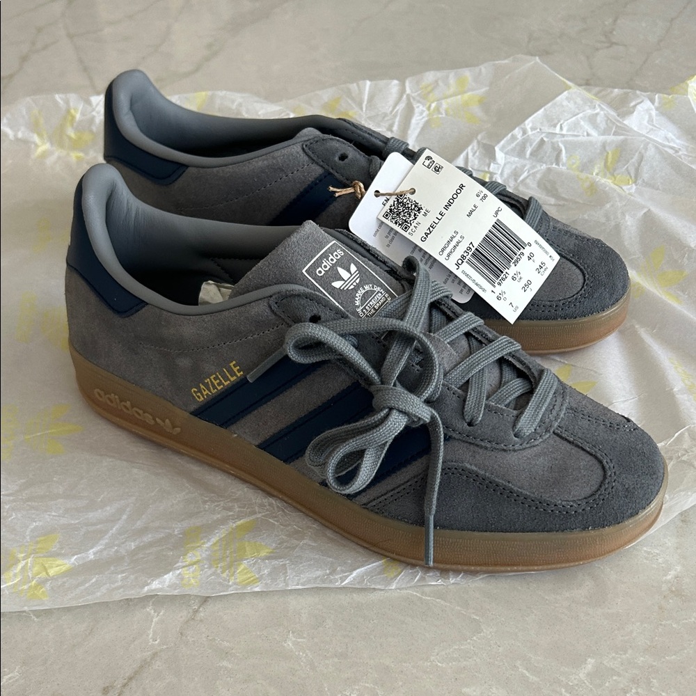 adidas Gazelle Gray Suede Sneakers with Navy Stripes and Gum Sole - Picture 4 of 4